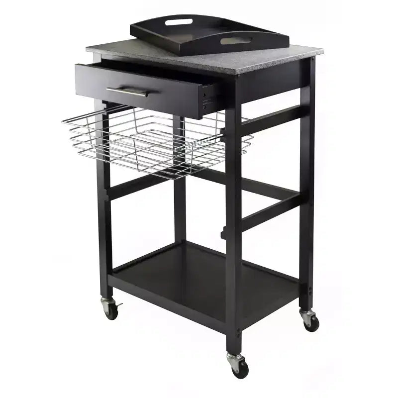 Carrello da cucina con piano in granito, Legno/Nero, Singolo