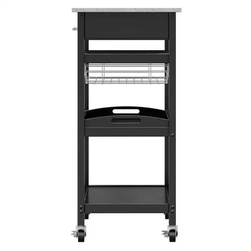 Carrello da cucina con piano in granito, Legno/Nero, Singolo