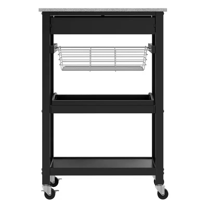 Carrello da cucina con piano in granito, Legno/Nero, Singolo