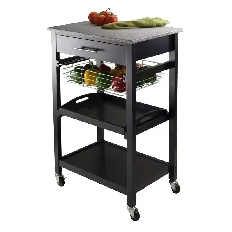 Carrello da cucina con piano in granito, Legno/Nero, Singolo