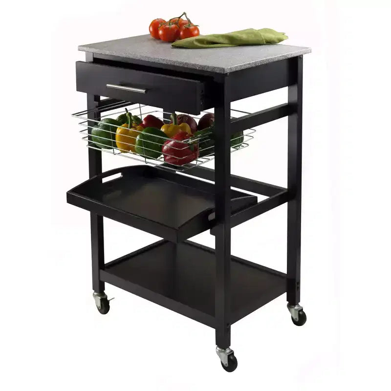 Carrello da cucina con piano in granito, Legno/Nero, Singolo