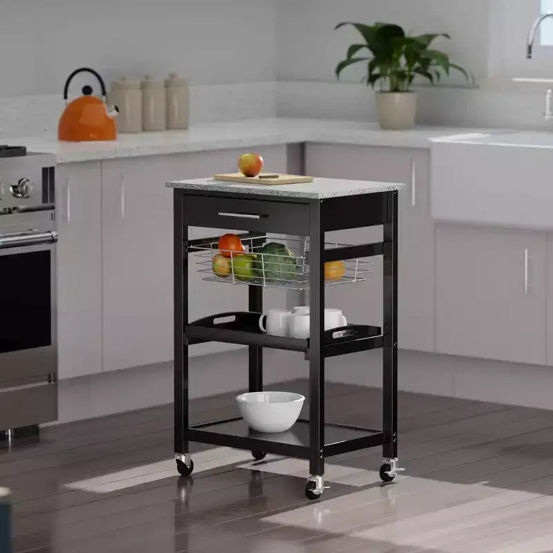 Carrello da cucina con piano in granito, Legno/Nero, Singolo