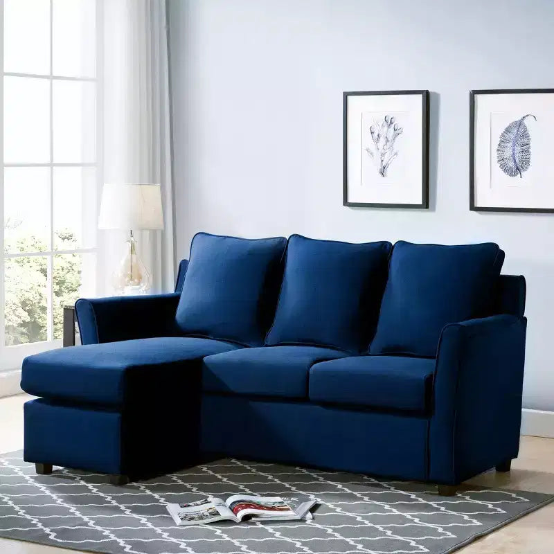 Divano sezionale a L blu, in microfibra, 3 posti