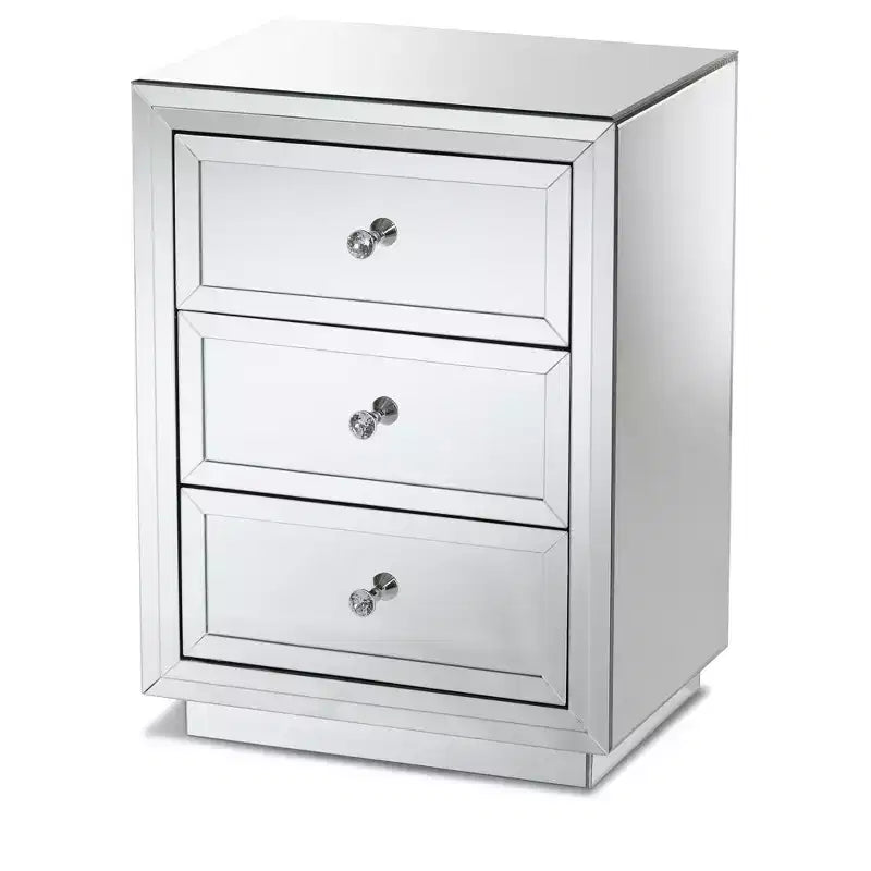 Lina Mirrored 3 Drawer Nightstand Bedside Table Silver - BaxtonStudio: Contemporary Style, MDF Construction, No Assembly Required