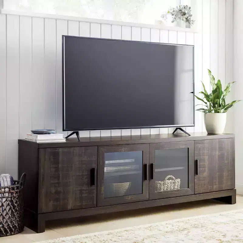 Mobile TV in pino anticato per TV fino a 75", 2 ante, montaggio a 1 persona