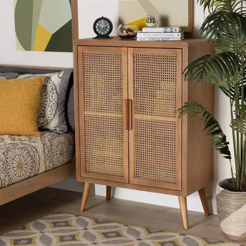 Mobile contenitore a 2 ante in legno e rattan rovere medio – Uso per adulti