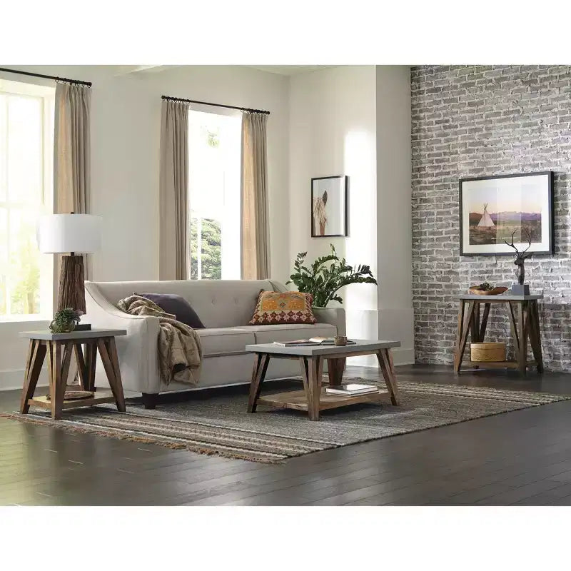 Tavolino Brookside con piano rivestito in cemento e legno grigio chiaro/marrone - Alaterre Furniture: moderno di metà secolo, quadrato, ripiano fisso