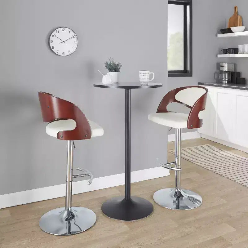 Sgabello da bar girevole di metà secolo color crema/noce e ciliegio/bianco, altezza regolabile, set da 2