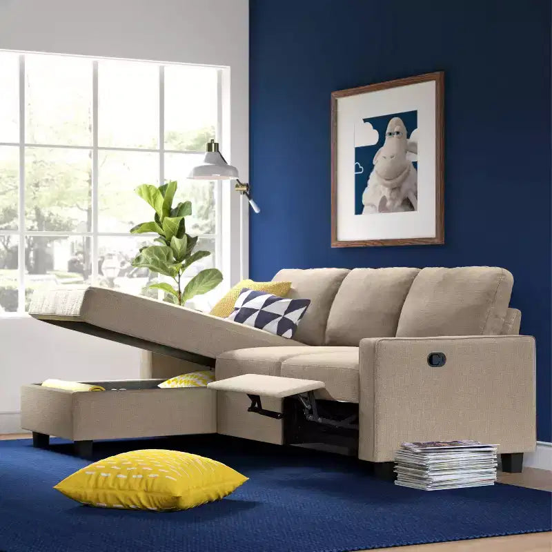 Divano Componibile Reclinabile con Chaise Longue Contenitore, Beige/Farina d'Avena, 3 Posti