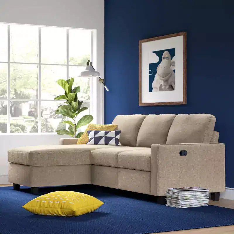 Divano Componibile Reclinabile con Chaise Longue Contenitore, Beige/Farina d'Avena, 3 Posti