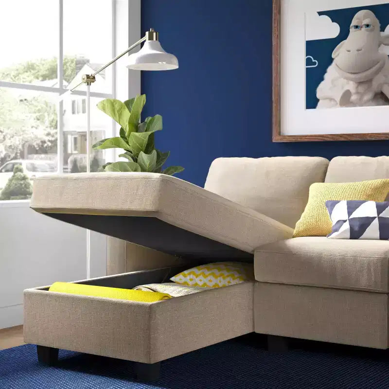 Divano Componibile Reclinabile con Chaise Longue Contenitore, Beige/Farina d'Avena, 3 Posti
