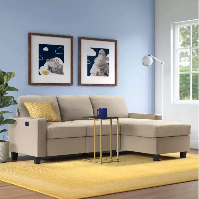 Divano Componibile Reclinabile con Chaise Longue Contenitore, Beige/Farina d'Avena, 3 Posti