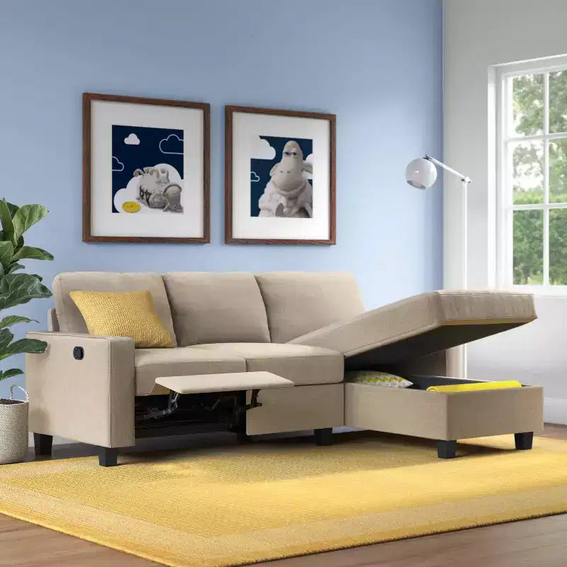 Divano Componibile Reclinabile con Chaise Longue Contenitore, Beige/Farina d'Avena, 3 Posti