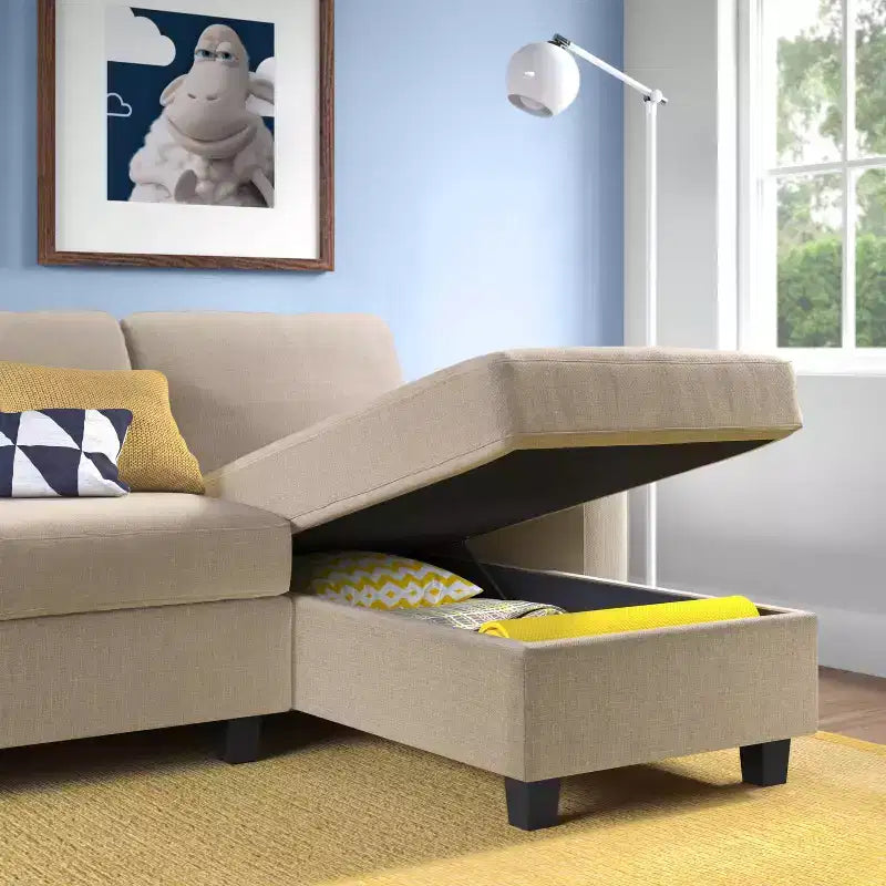Divano Componibile Reclinabile con Chaise Longue Contenitore, Beige/Farina d'Avena, 3 Posti