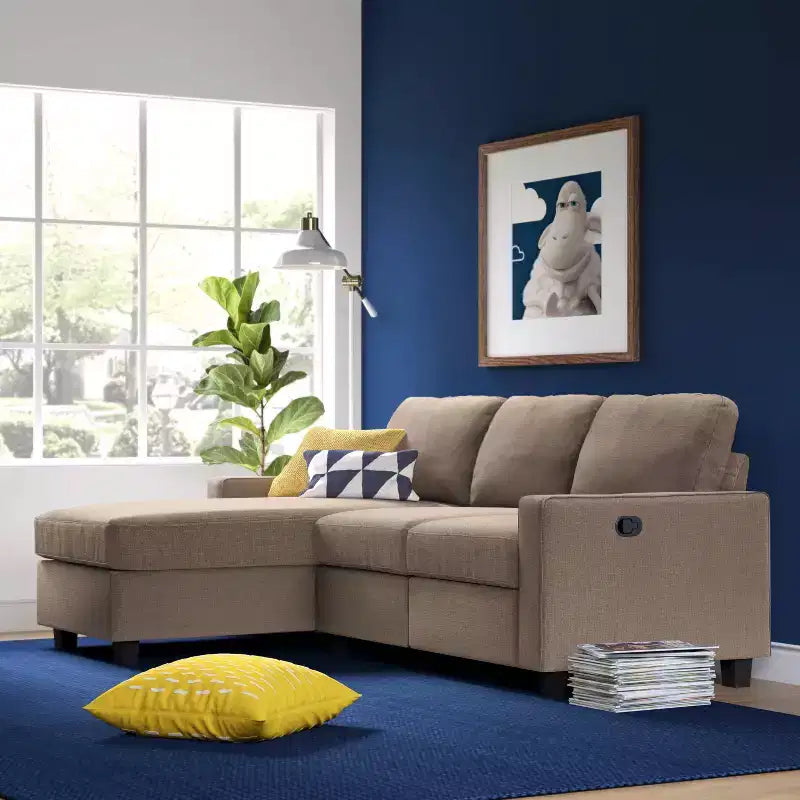 Divano Componibile Reclinabile con Chaise Longue Contenitore, Beige/Farina d'Avena, 3 Posti