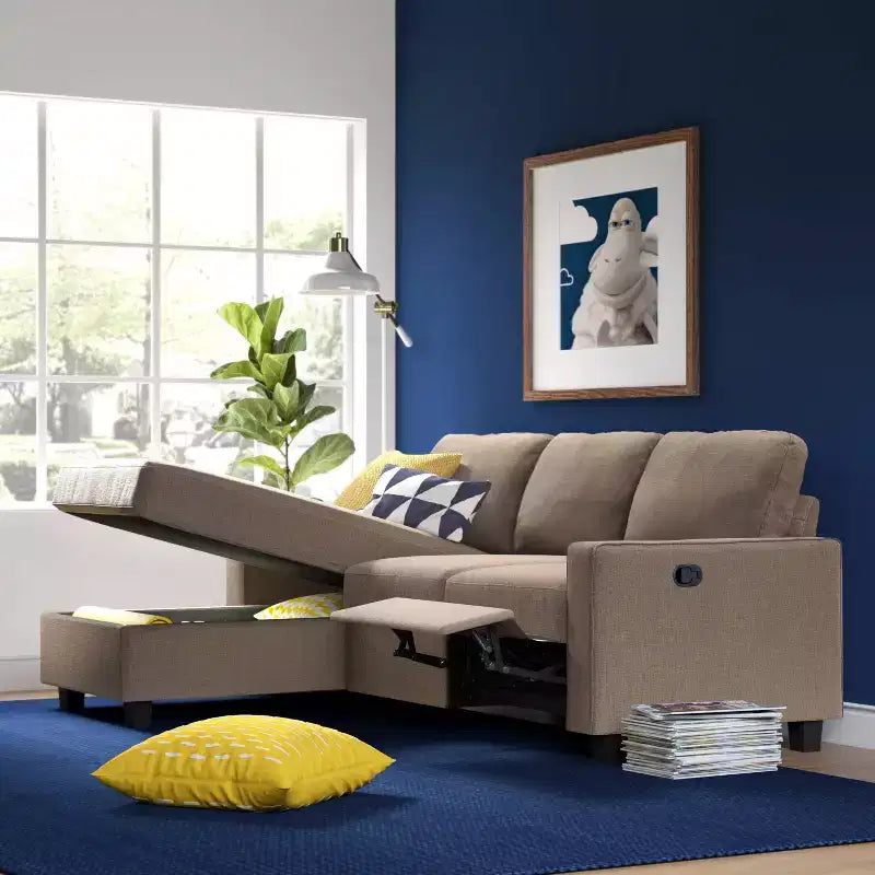 Divano Componibile Reclinabile con Chaise Longue Contenitore, Beige/Farina d'Avena, 3 Posti