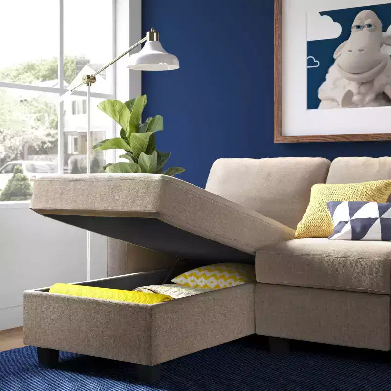 Divano Componibile Reclinabile con Chaise Longue Contenitore, Beige/Farina d'Avena, 3 Posti