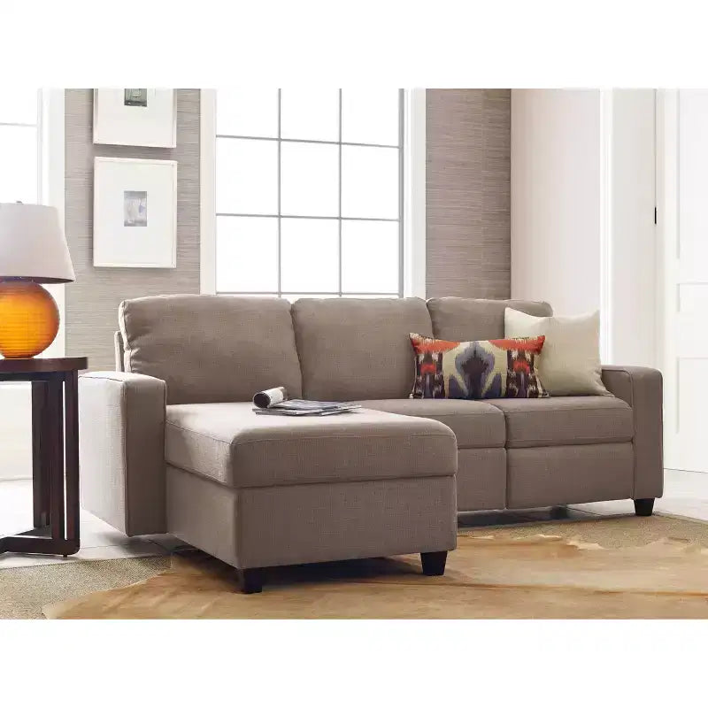 Divano Componibile Reclinabile con Chaise Longue Contenitore, Beige/Farina d'Avena, 3 Posti