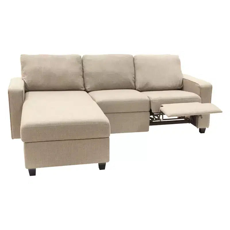 Divano Componibile Reclinabile con Chaise Longue Contenitore, Beige/Farina d'Avena, 3 Posti