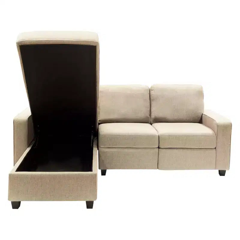 Divano Componibile Reclinabile con Chaise Longue Contenitore, Beige/Farina d'Avena, 3 Posti