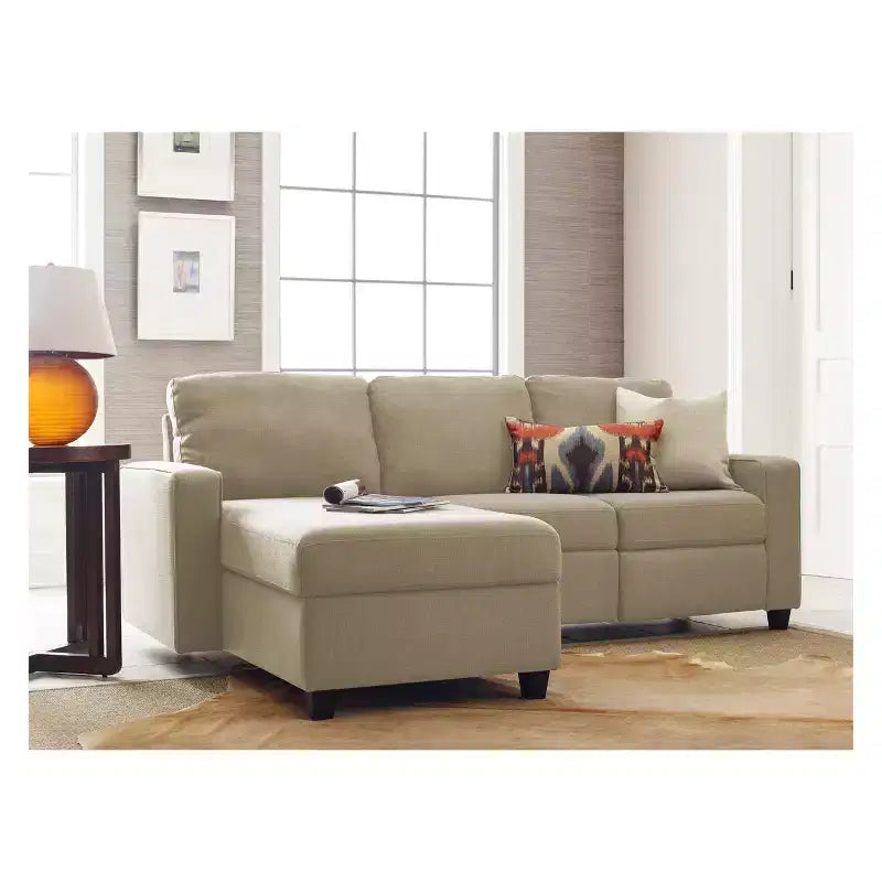 Divano Componibile Reclinabile con Chaise Longue Contenitore, Beige/Farina d'Avena, 3 Posti