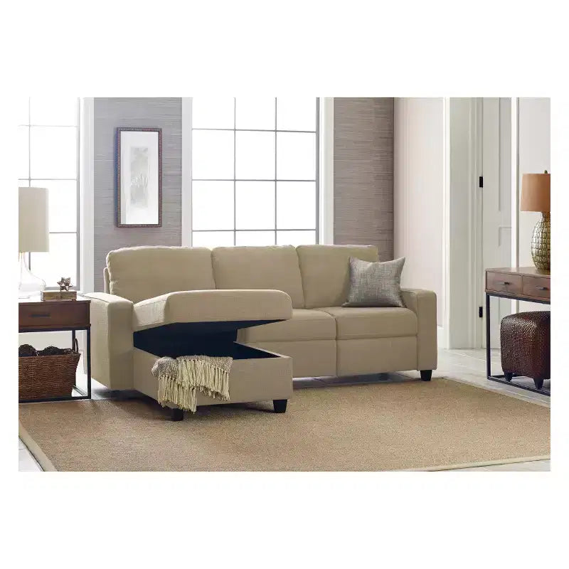 Divano Componibile Reclinabile con Chaise Longue Contenitore, Beige/Farina d'Avena, 3 Posti