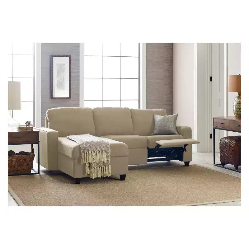 Divano Componibile Reclinabile con Chaise Longue Contenitore, Beige/Farina d'Avena, 3 Posti