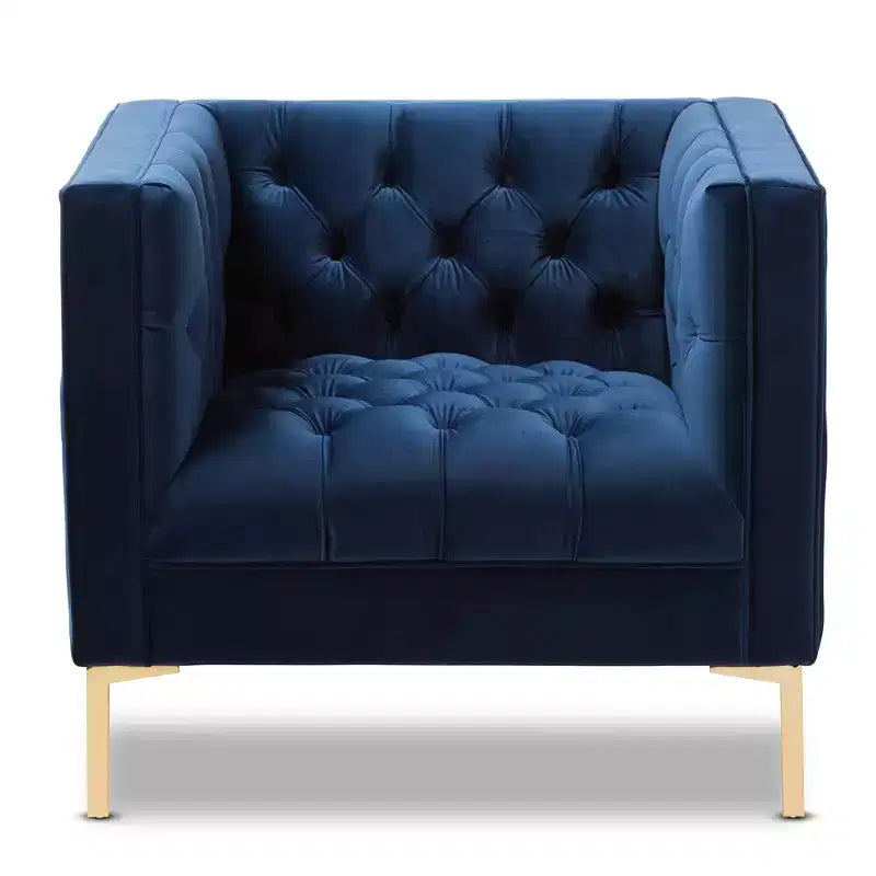 Poltrona lounge senza braccioli in velluto grigio/blu, seduta singola, gambe oro