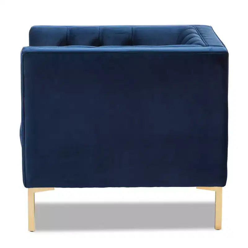 Poltrona lounge senza braccioli in velluto grigio/blu, seduta singola, gambe oro