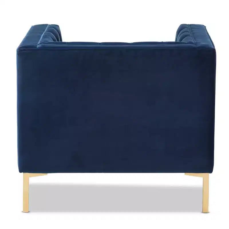 Poltrona lounge senza braccioli in velluto grigio/blu, seduta singola, gambe oro