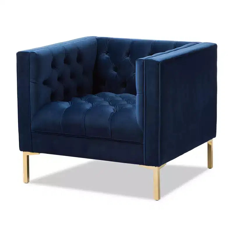 Poltrona lounge senza braccioli in velluto grigio/blu, seduta singola, gambe oro