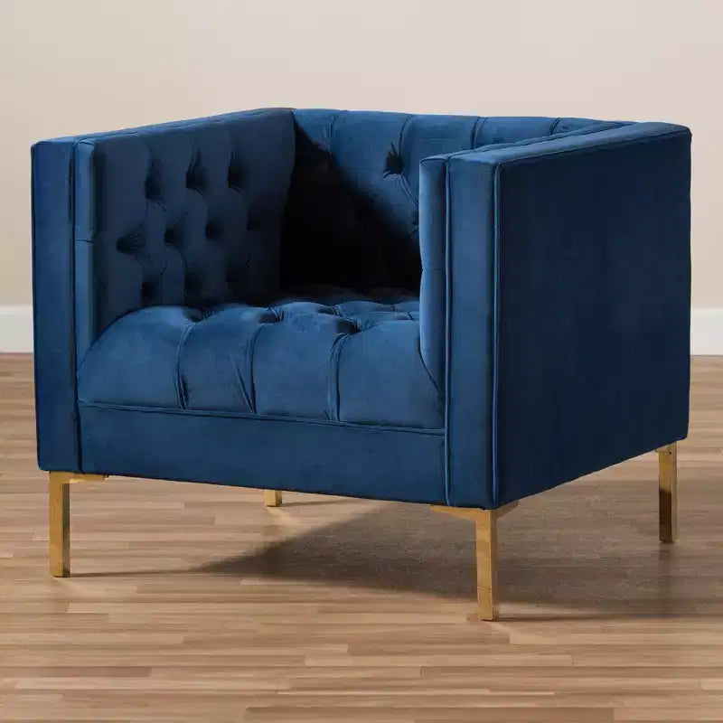 Poltrona lounge senza braccioli in velluto grigio/blu, seduta singola, gambe oro