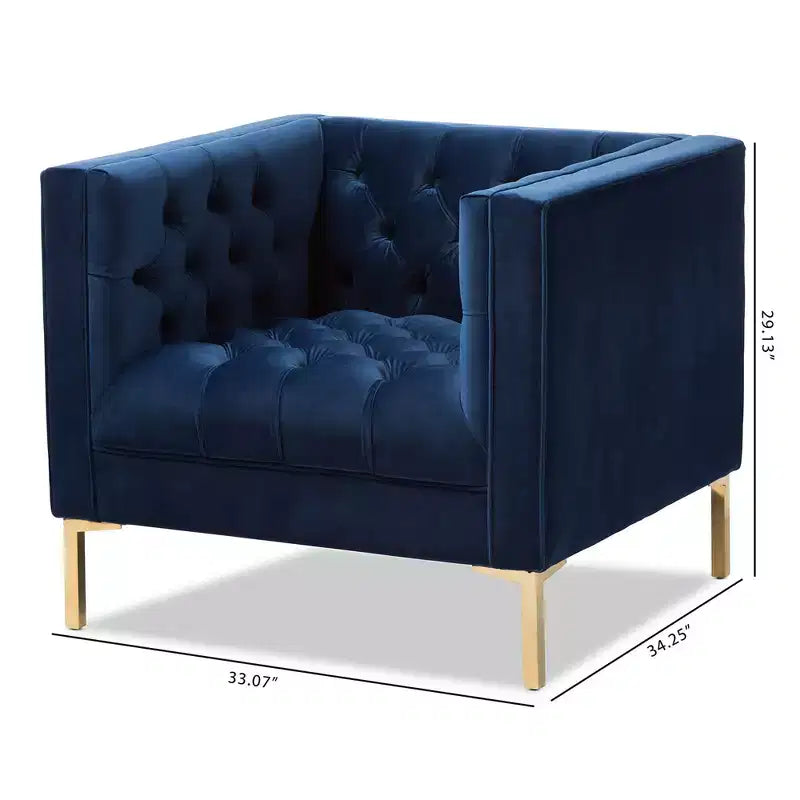 Poltrona lounge senza braccioli in velluto grigio/blu, seduta singola, gambe oro