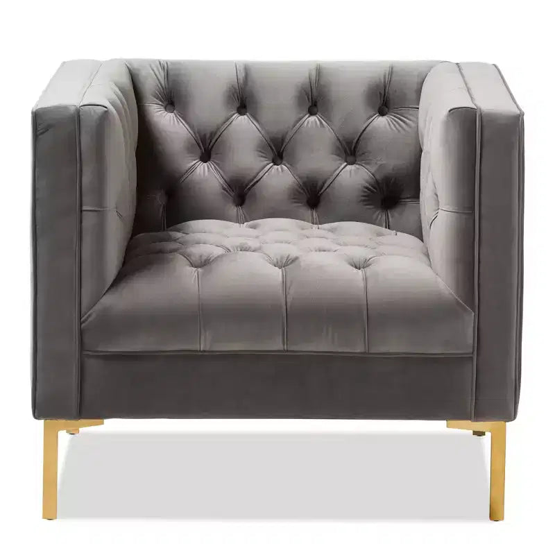 Poltrona lounge senza braccioli in velluto grigio/blu, seduta singola, gambe oro
