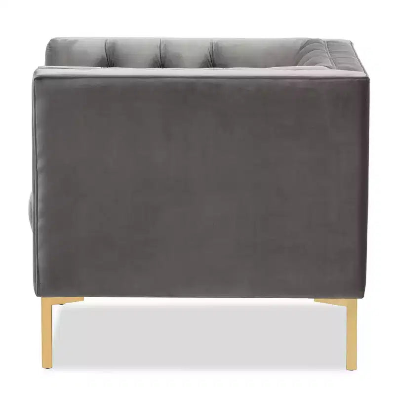 Poltrona lounge senza braccioli in velluto grigio/blu, seduta singola, gambe oro