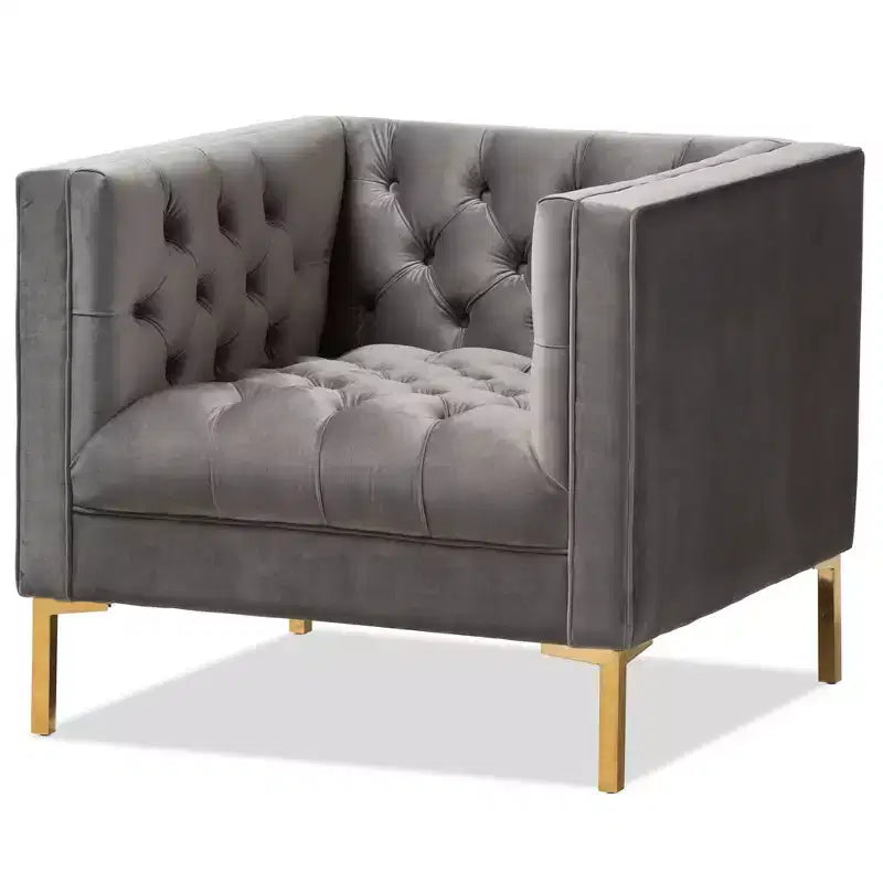 Poltrona lounge senza braccioli in velluto grigio/blu, seduta singola, gambe oro