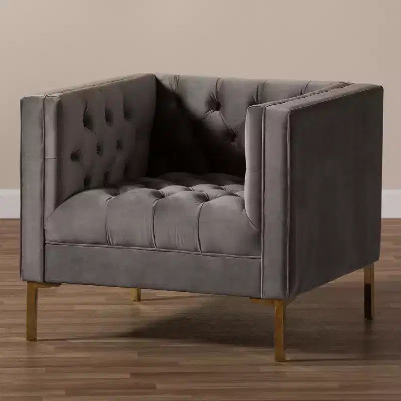 Poltrona lounge senza braccioli in velluto grigio/blu, seduta singola, gambe oro