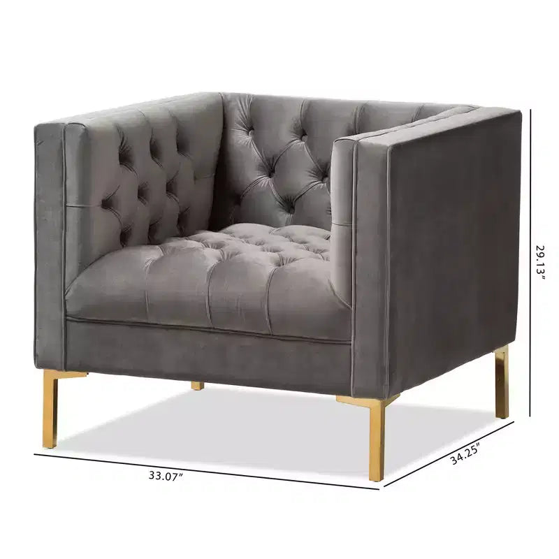 Poltrona lounge senza braccioli in velluto grigio/blu, seduta singola, gambe oro