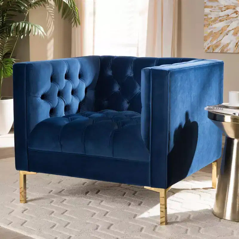 Poltrona lounge senza braccioli in velluto grigio/blu, seduta singola, gambe oro