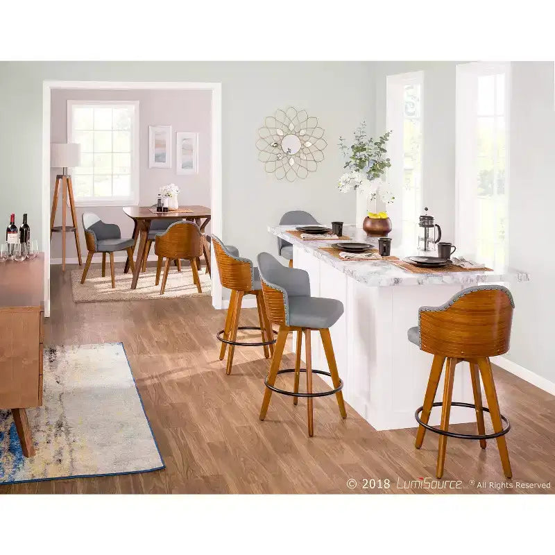 Sgabello da Bar Altezza Bancone Mid-Century, Noce/Crema e Noce/Grigio Scuro, Posti a Sedere: 1