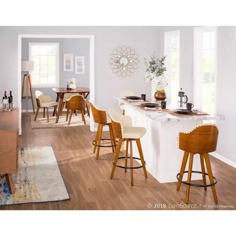 Sgabello da Bar Altezza Bancone Mid-Century, Noce/Crema e Noce/Grigio Scuro, Posti a Sedere: 1
