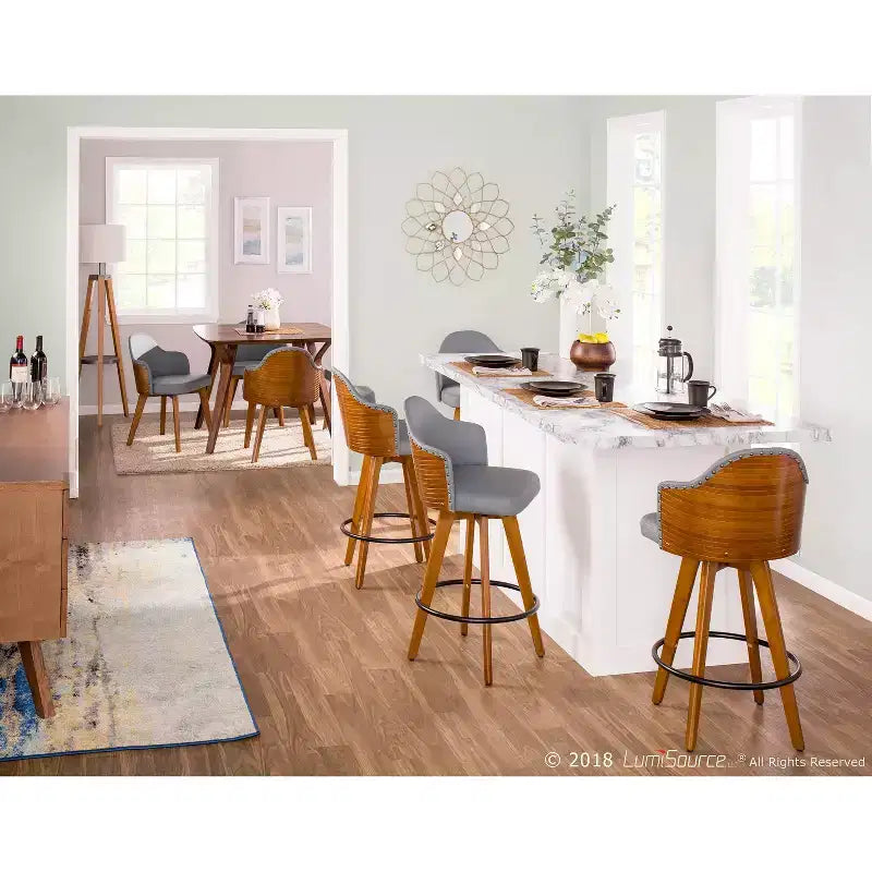 Sgabello da Bar Altezza Bancone Mid-Century, Noce/Crema e Noce/Grigio Scuro, Posti a Sedere: 1