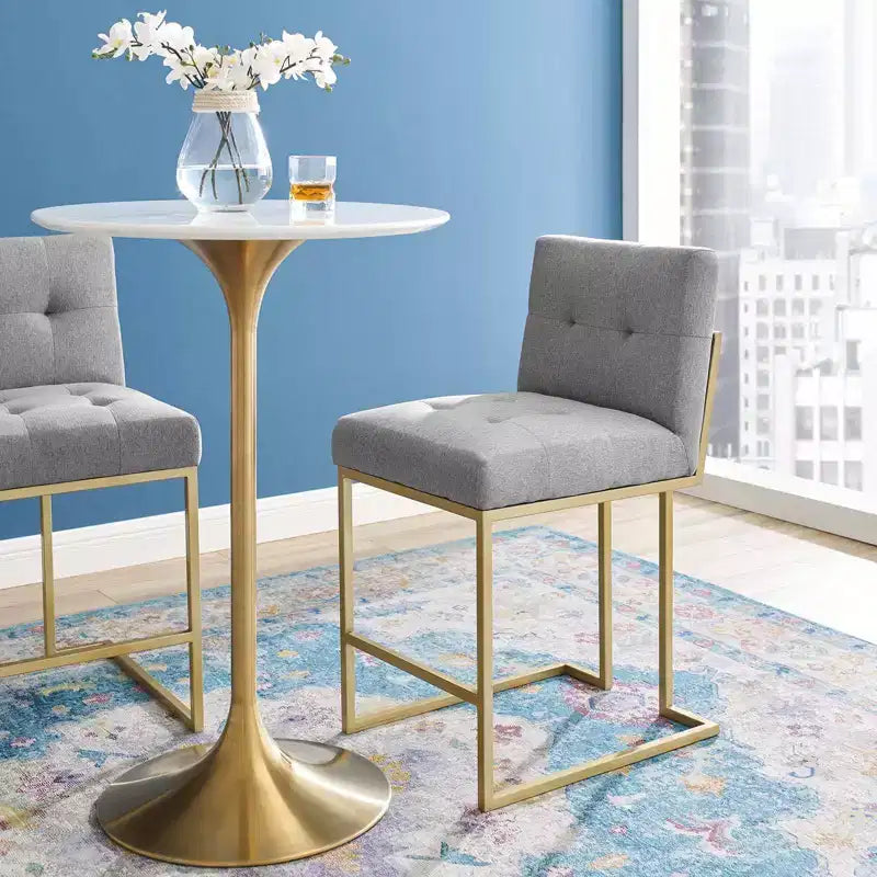 Sgabello da bancone/bar imbottito in oro/beige e grigio e bianco, schienale alto, 1 posto