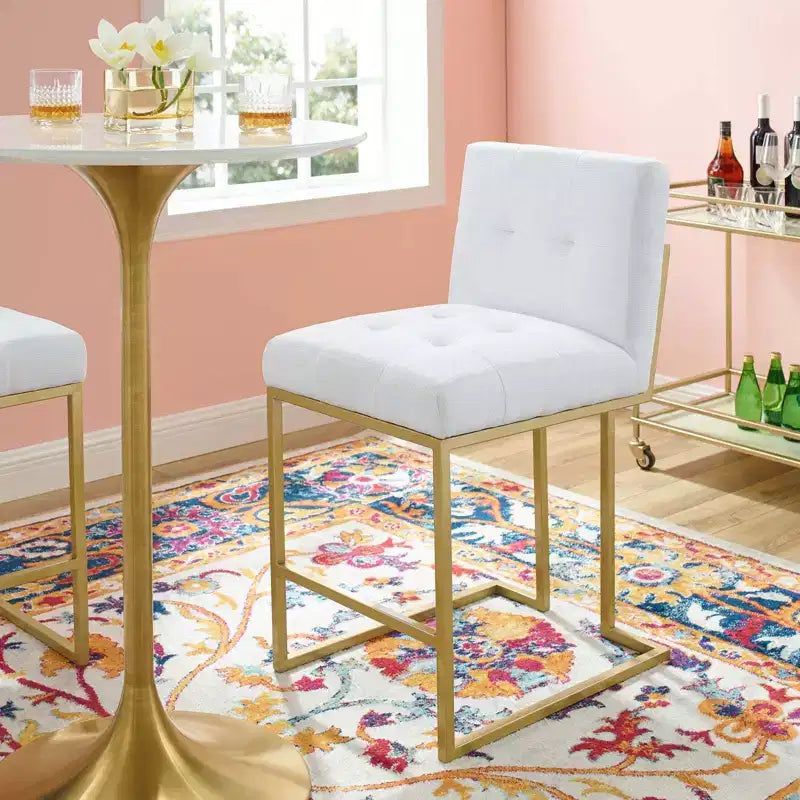 Sgabello da bancone/bar imbottito in oro/beige e grigio e bianco, schienale alto, 1 posto