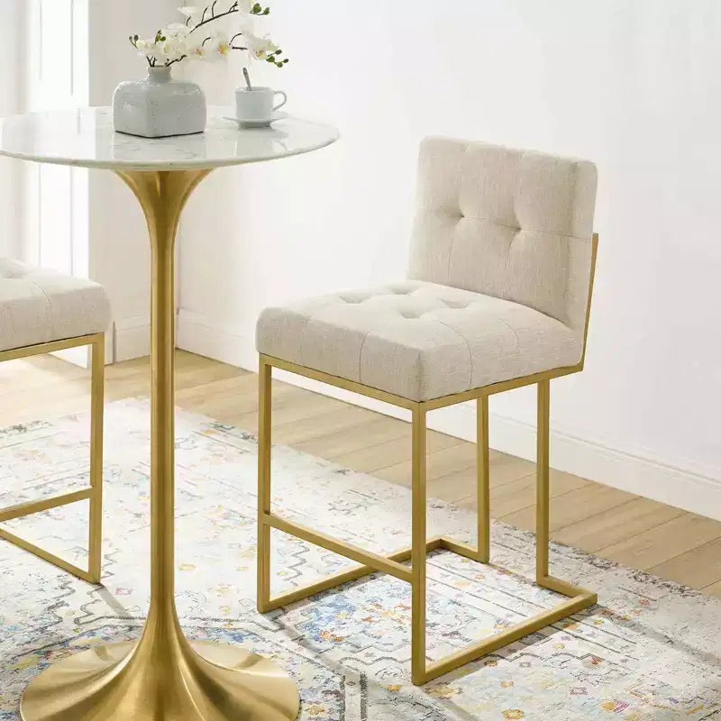 Sgabello da bancone/bar imbottito in oro/beige e grigio e bianco, schienale alto, 1 posto