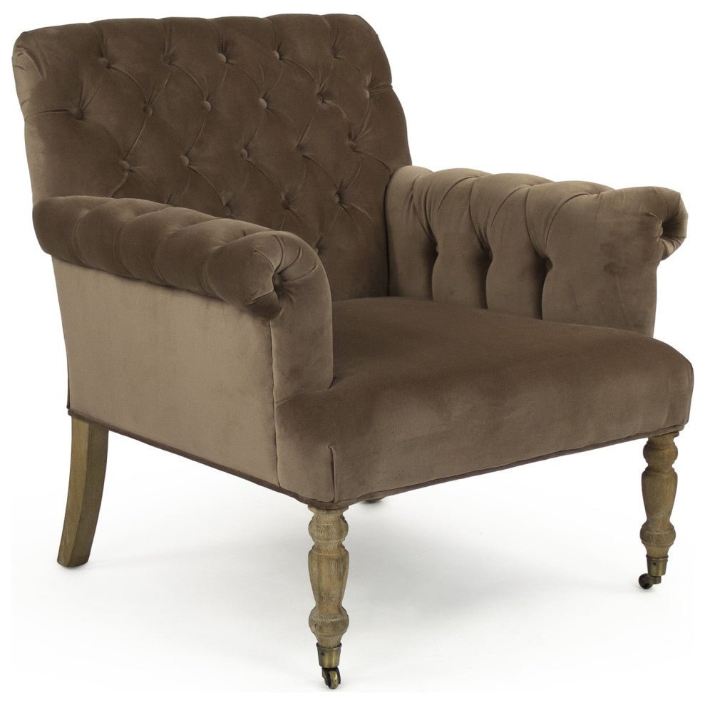 Poltrona in velluto trapuntato marrone - È realizzata in legno massello di rovere e splendidamente rivestita in color cioccolato, il suo elegante design a casa è ulteriormente accentuato