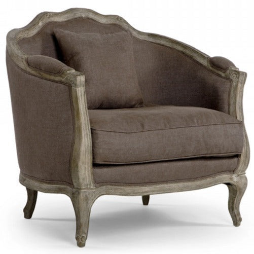 Poltroncina in Lino - Aggiungerà un tocco rustico ed elegante a qualsiasi ambiente, caratterizzata da una struttura in legno di quercia grigia chiara e intagliata delicatamente e un rivestimento, questa
