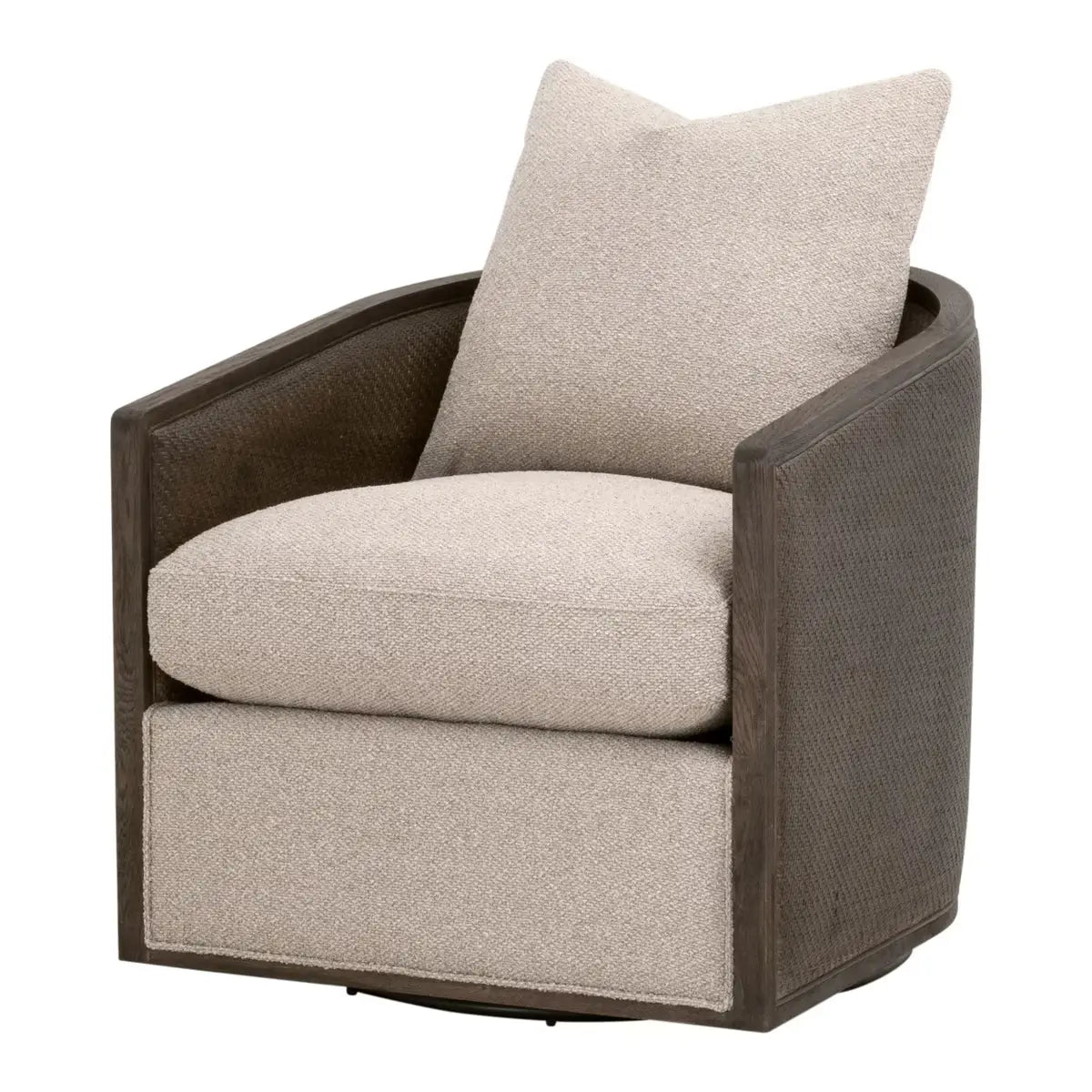 Poltrona girevole - Questa bellissima, caratterizzata da una struttura in legno massello di rovere e dettagli in rattan, è perfetta per donare a qualsiasi soggiorno un'atmosfera casual ma elegante in stile rustico