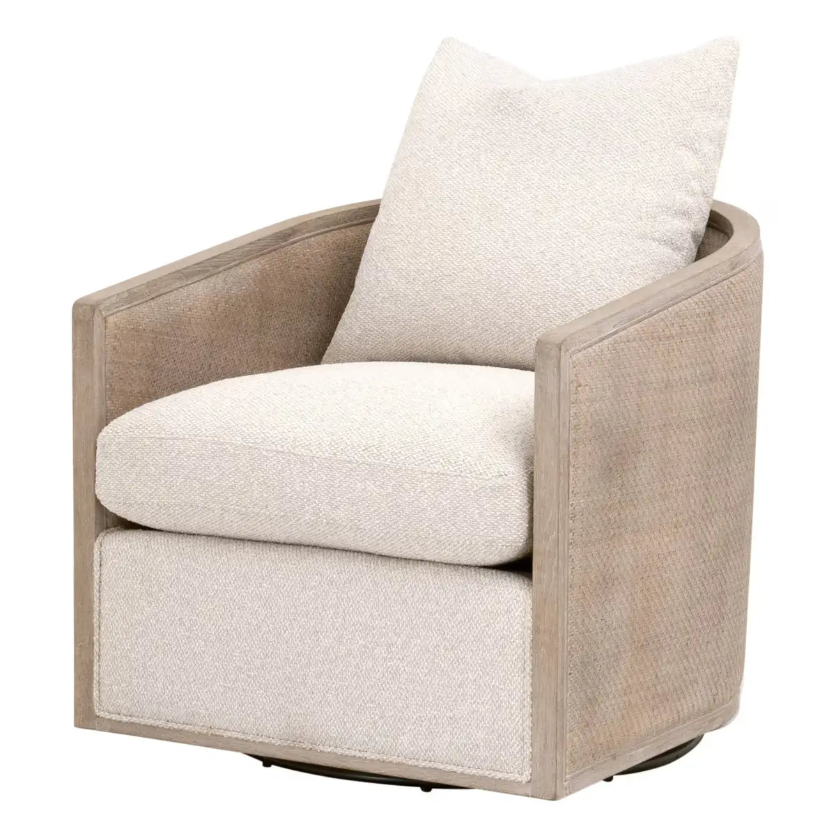 Poltrona girevole - Questa bellissima, caratterizzata da una struttura in legno massello di rovere e dettagli in rattan, è perfetta per donare a qualsiasi soggiorno un'atmosfera casual ma elegante in stile rustico