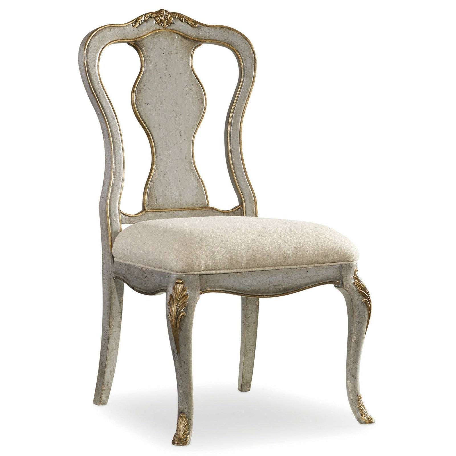 Sedia da scrivania - Con stile, questa magnifica sedia, caratterizzata da una morbida finitura grigia con dettagli dorati, un sedile in tessuto effetto lino e gambe cabriole, è perfetta per